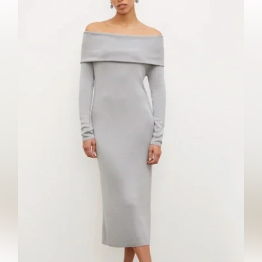 MM Lafleur The Lalita Dress Silver Gray Silk Jersey Knit Midi Slit Dress Small